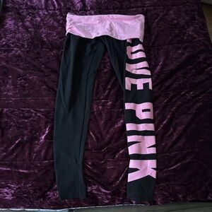 Vintage Black Leggings with Pink Waistband and Lettering